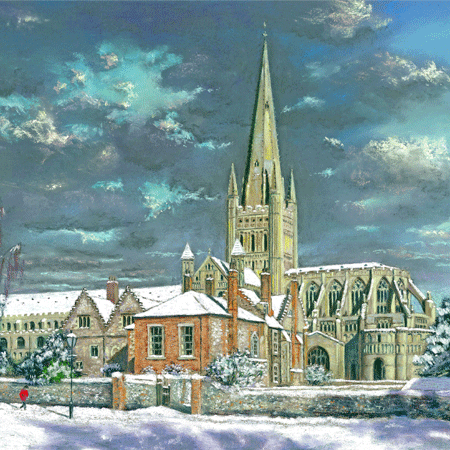 Landscapes gallery Snowy Morning at Norwich Cathedral - pastel by Jon Asher